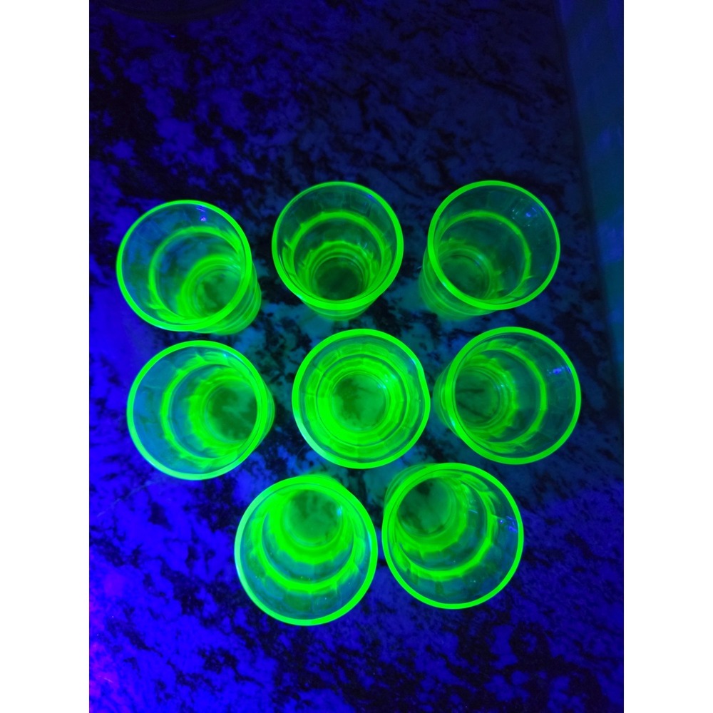 Vintage Green Uranium Glass Shot Glasses Set of 8 UV Glow 2 Inch Paneled Design